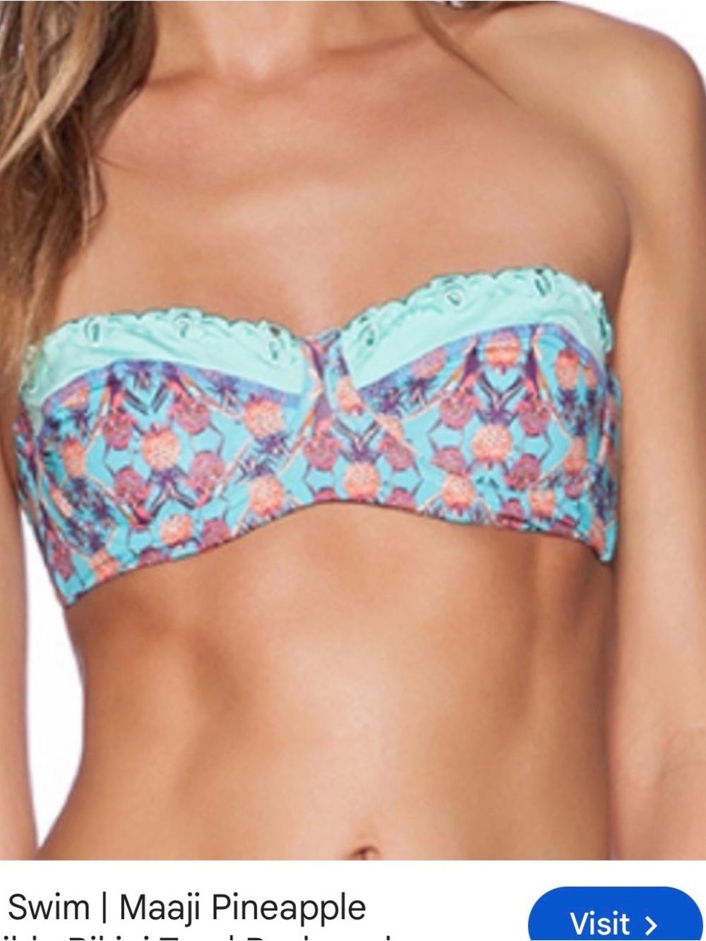 Maaji Swim Aqua Multi Pineapple Bandeau Bikini Top with Cheeky Aqua Bottoms